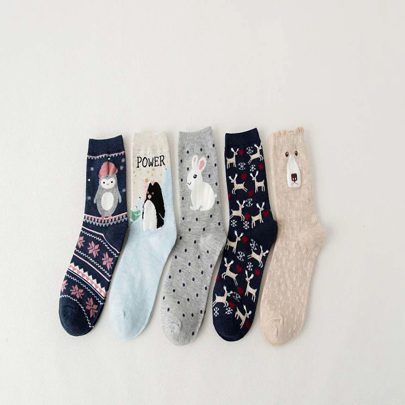 1 Pack Of 5 Pairs Of Women's Socks Sets Cute Cartoon Cat Pattern Socks Cotton Knitting Casual Comfortable Home Women Socks Sets