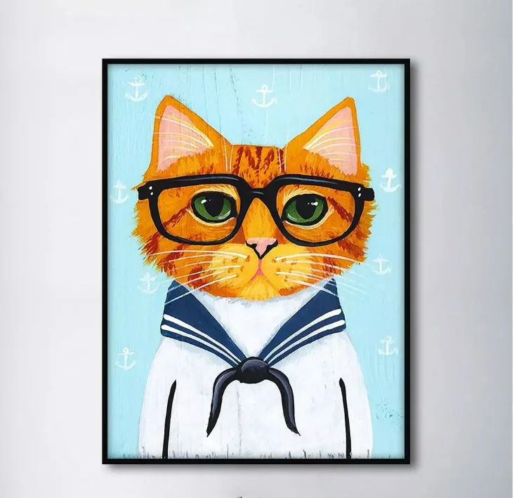 

Wall Art Canvas Painting Navy Suit Cute Glasses Cat Decorative Paintings Modular Picture for Living Room