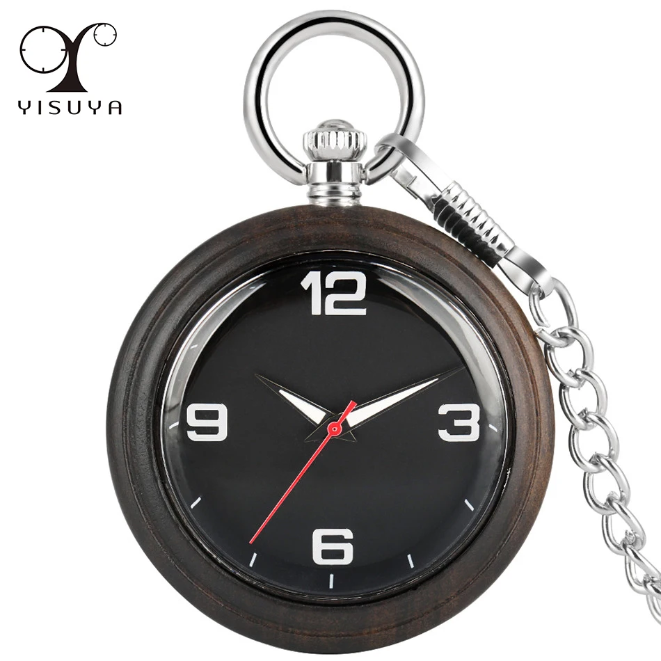 

Ebony Wood Pocket Watch Arabic Numerals Luminous Hands Dial Open Face Pendant Pocket Clock Silver Pocket Chain Retro Timepiece