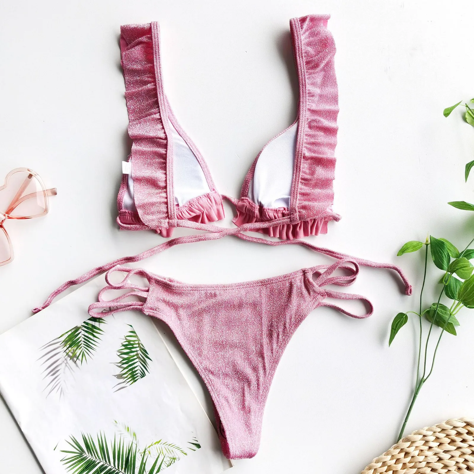 

2021 Brazilian Bikini Set Women Thong Swimwear Sexy Summer Bathing Suit Solid Ruffle Shiny Swimming Suit Bather Biquini Maillot