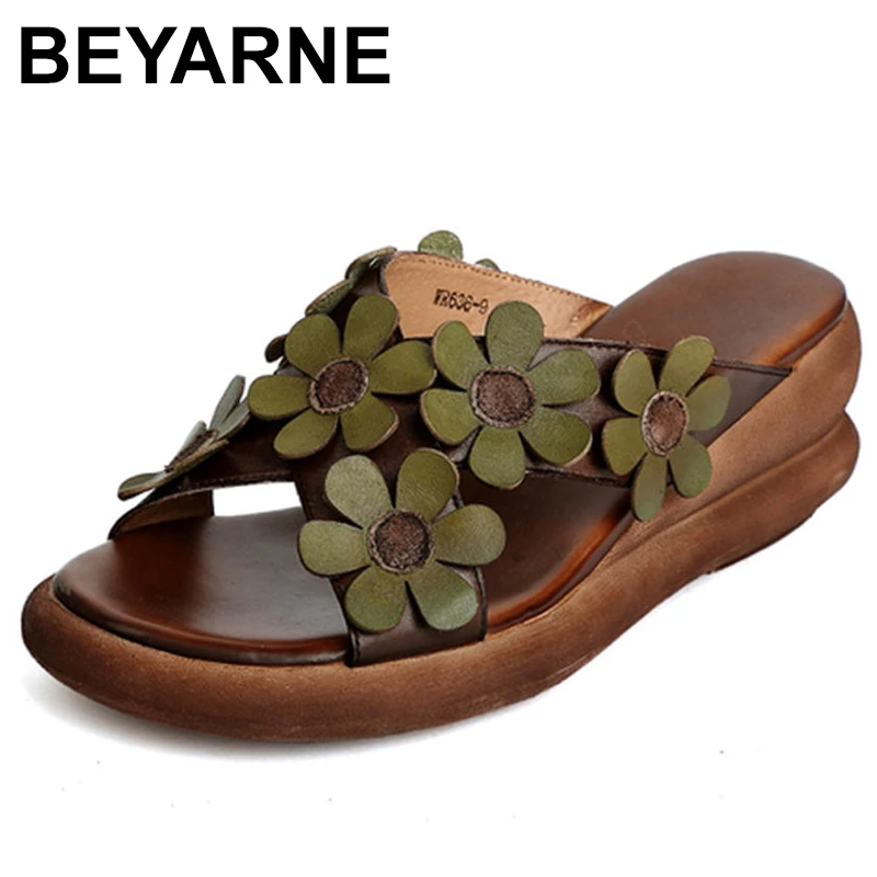 

BEYARNE Handmade Retro Leather Flowers Slippers Open Toe Platform Sandals Coffee/Red