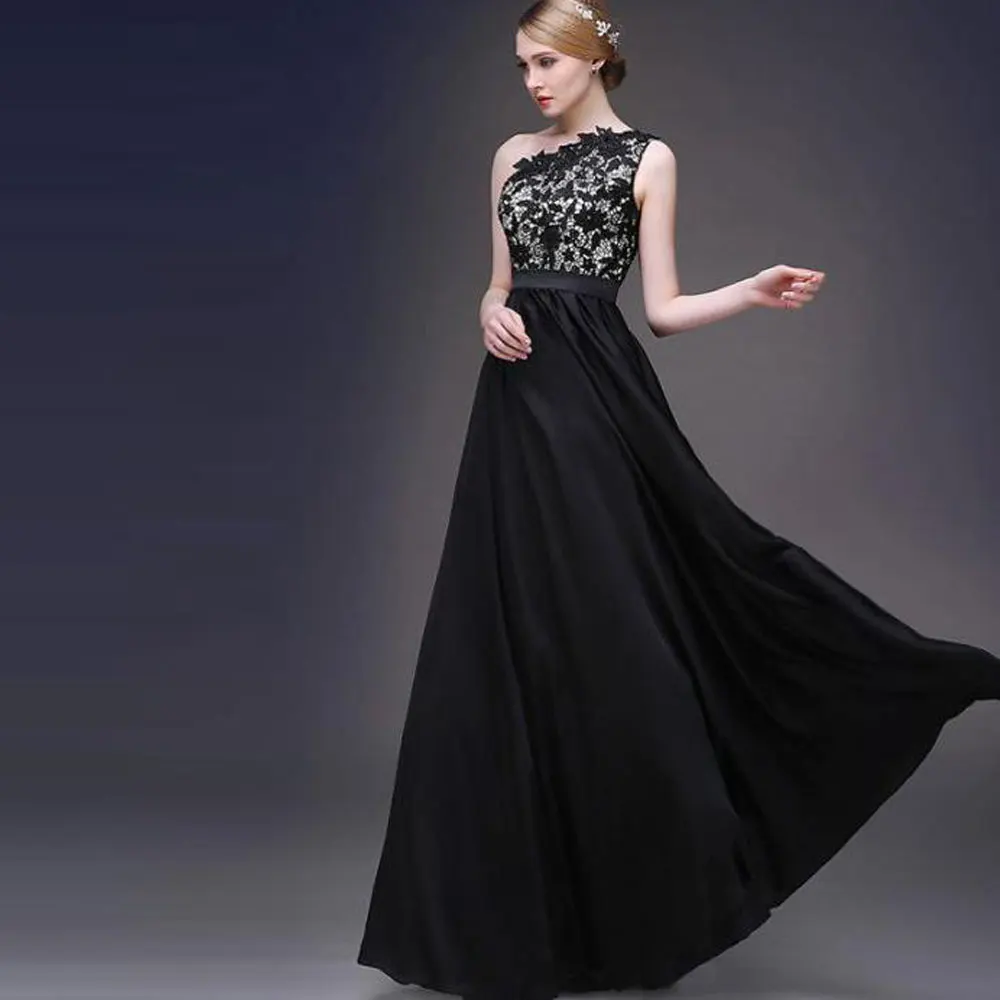 

Applique Beading Sleeveless Floor length One-shoulder A-line Black Evening Dresses Draped Beads high quality Fashion
