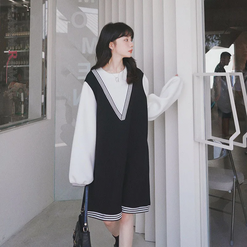 

LANMREM 2022 New Retro Korean Style Long-sleeved Dress Space Cotton Contrast Color Female Loose Casual Dresses 2W235