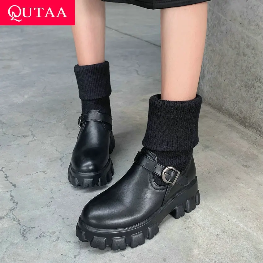 Женские вязаные ботинки QUTAA осенне зимние на толстой подошве с пряжкой без