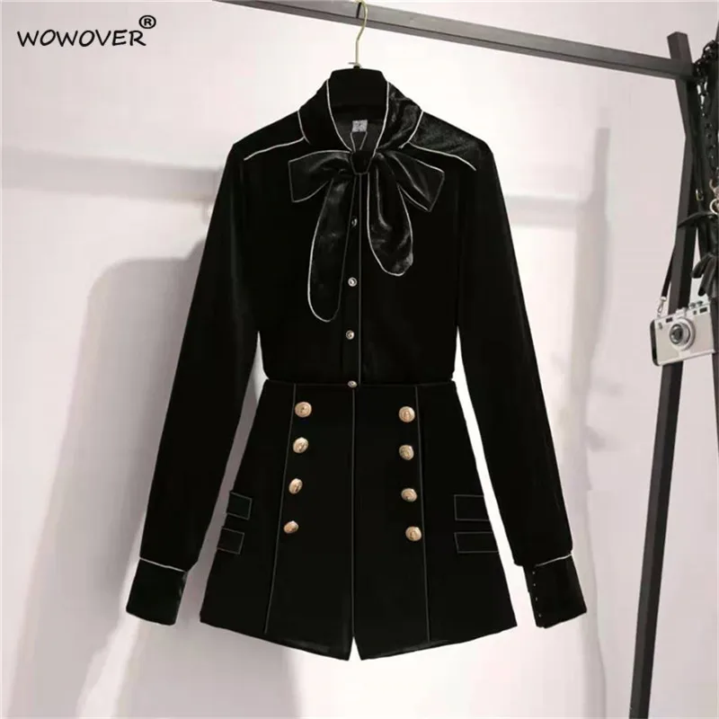 

Autumn Winter Fashion Velour Women's Suit Long Sleeve Bow Collar Velvet Blouse Tops Shorts Sets Office Lady 2 Piece Outfits