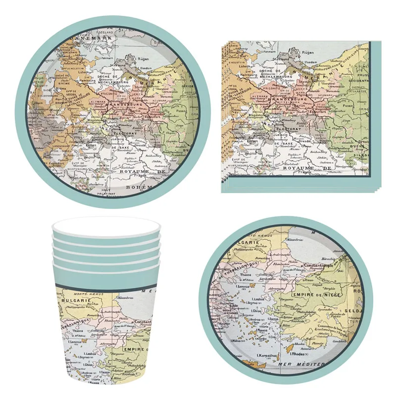 

8Pcs Adventure Around The World Map Paper Cup Plate Napkin Decoration Happy Birthday Baby Shower Party Decoration Supplies