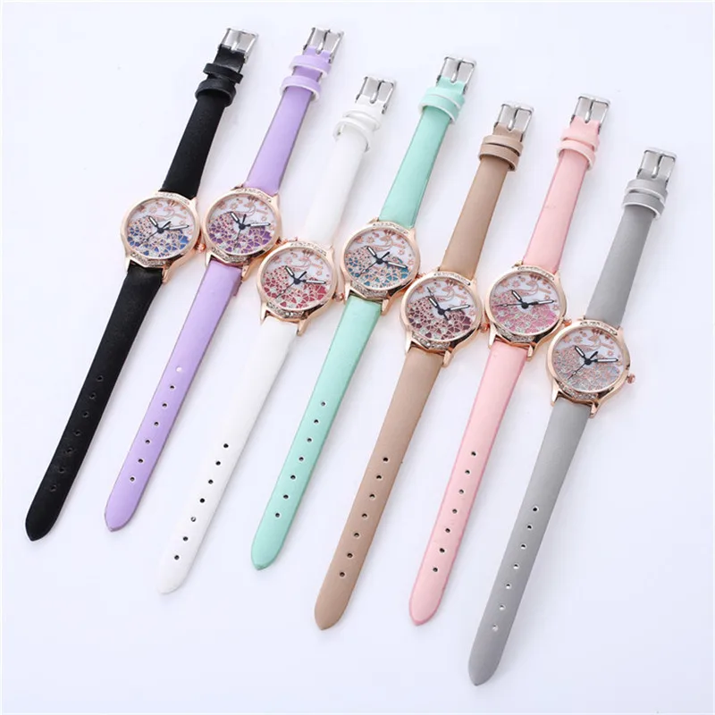 Изысканные женские часы кожа кварцевые креативный алмаз павлин узор