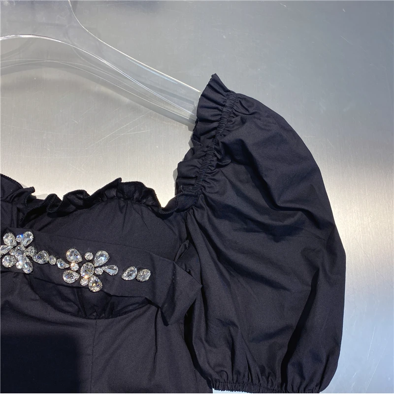 

Summer 2021 New French Blusas Mujer Retro Sweet Rhinestone Short Shirt All-Matching Lace Puff Short Sleeve Shirt Slim Waist Top