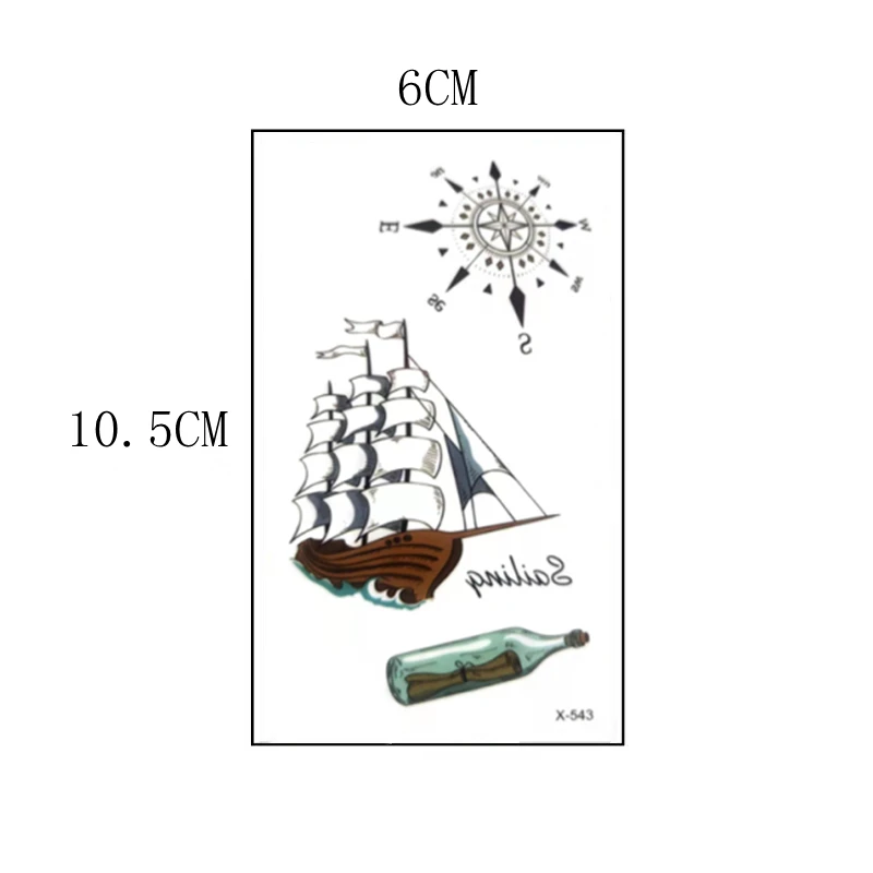 Art Compass Waterproof Temporary Tattoo Stickers Fake Tattoo Edges Body Flash Sailboat  Arm Back Back Tattoos for Girl Women Men