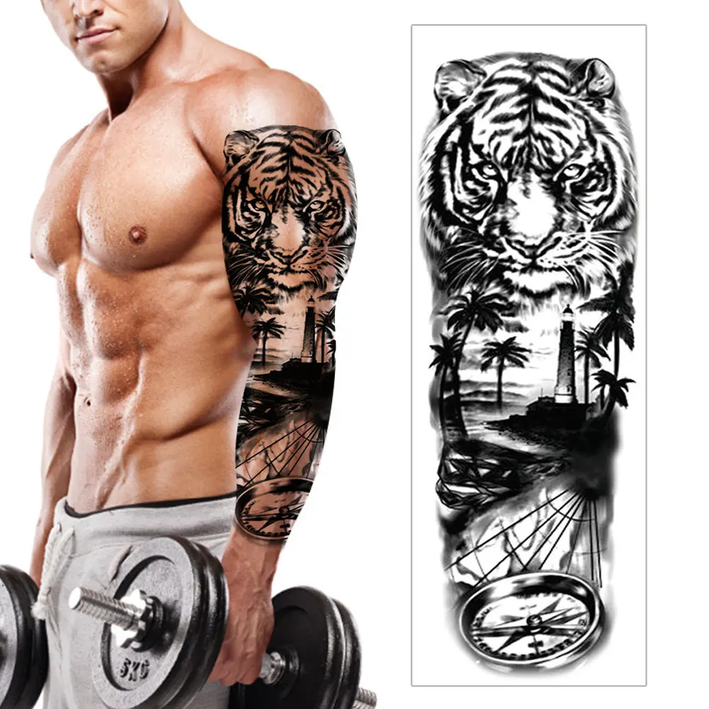 

Имитация татуировки Тигр для мужчин, водостойкая Временная бумажная наклейка с драконом и цветком, тотем, Геометрическая полноразмерная та...