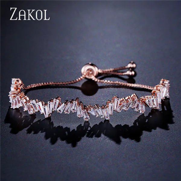 Rose Gold Color ZAKOL Модный Блестящий AAA кубический циркон багет регулируемый браслет-цепочка и браслет для женщин и девушек Свадебные ювелирные изделия FSBP161 - Окраска металла: Rose Gold Color