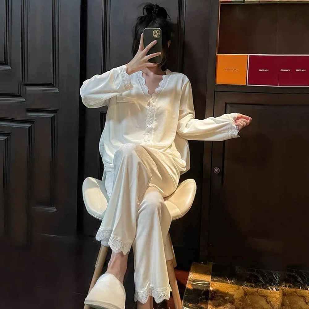 Gold Velvet Pajamas for Women Autumn and Winter Long-sleeved Lace Home Service Ins Sweet Cardigan Suit Women's Pajamas Set