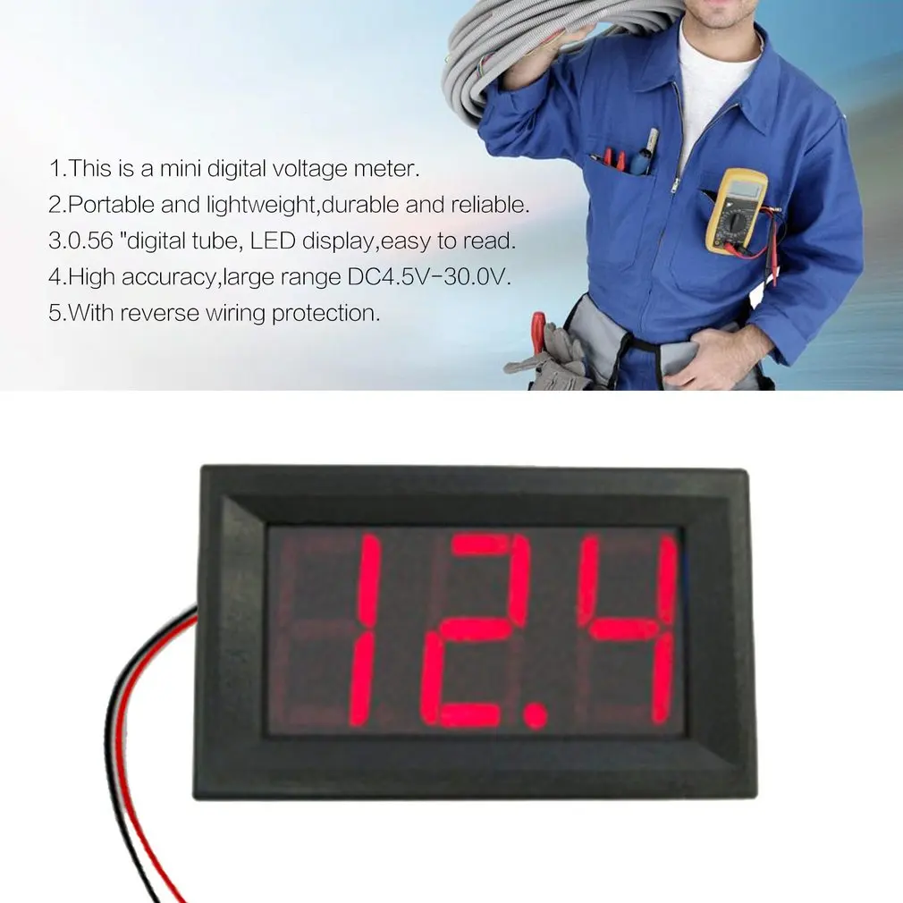 Компактный вольтметр измеритель напряжения с 2 проводами и светодиодным