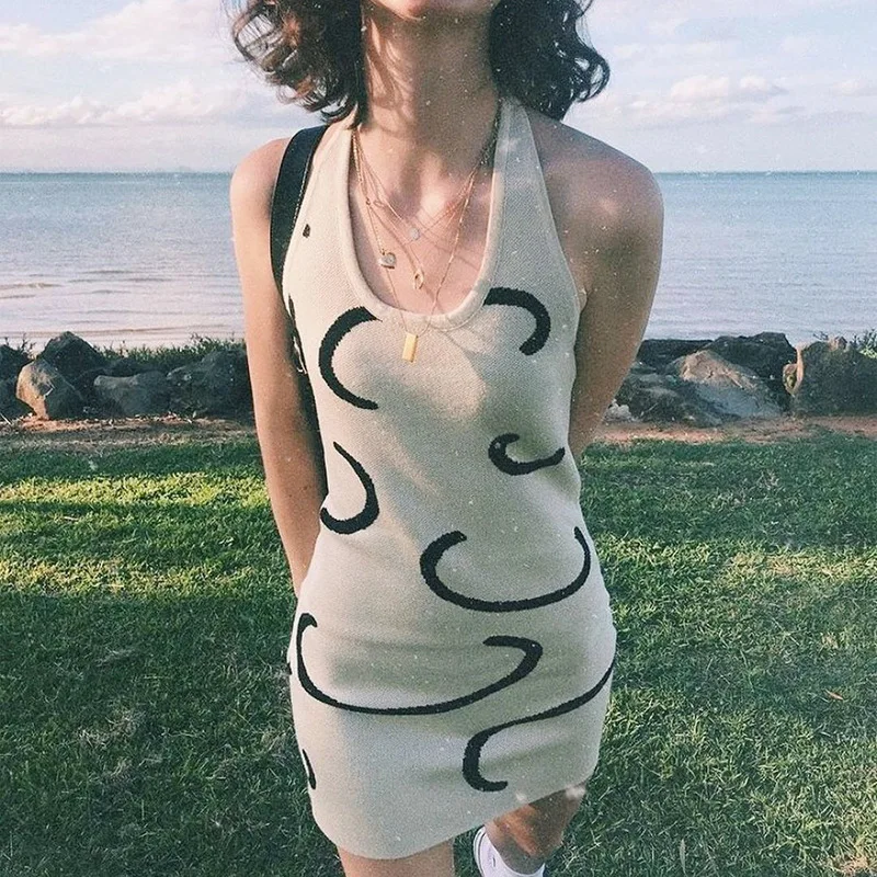 

Ladies Knitted Print Bodycon Mini Dress Women White Sexy Backless Sleeveless Party Beach Women Summer Dresses Vestidos Female