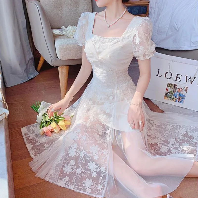 

Summer White Fairy Dress Women Elegant French Vintage Lace Sweet Long Dress Casual Chic Puff Sleeve Princess Party Dress Robes