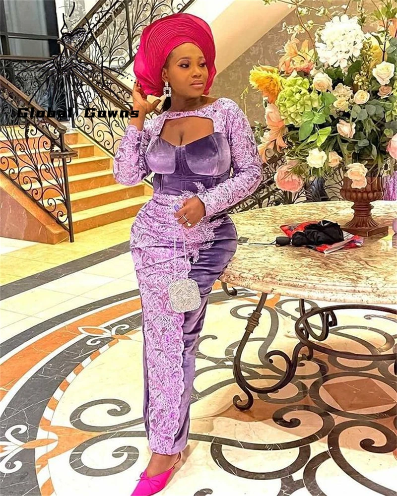 

Aso Ebi, кружевные африканские вечерние платья 2021 с круглым вырезом для женщин, бархатное вечернее платье