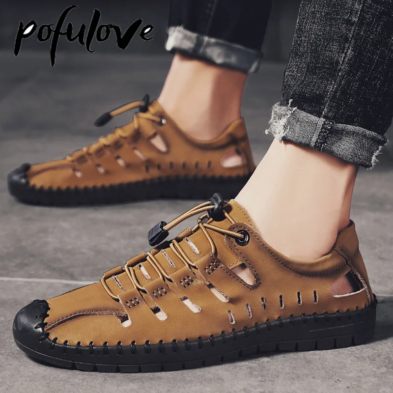 

Pofulove Men Casual Shoes Summer Genuine Leather Hollow Breathable Beach Sandals Brown Black Moccasins Man Shoes Fashion Design
