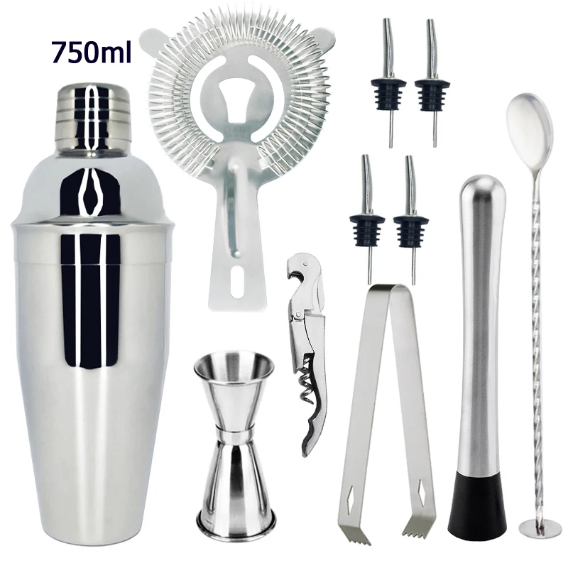 11Pcs 750ml Iyoupite 1-12 шт. шейкер набор Jigger ложка для смешивания Tong барная посуда инструменты бармена w/деревянная подставка для хранения баров Смешанные Напитки - Цвет: 11Pcs 750ml
