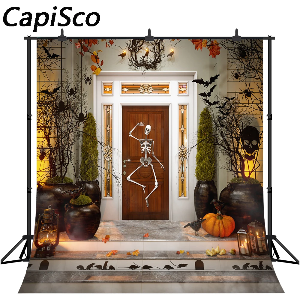 

Capisco Halloween Photography Backdrop Outdoor House wood Door Fall Leaves Pumpkin Photo Background Baby Adults Portraits studio