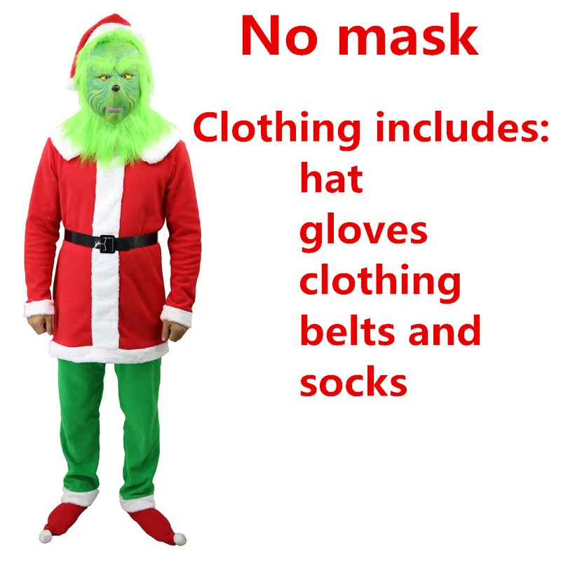 Маска Grinch, маскарадные костюмы Санта-Клауса, шлем лося, как Grinch украли, рождественские реквизиты с зелеными волосами для мужчин, детей, взрослых - Цвет: Clothes(No mask)