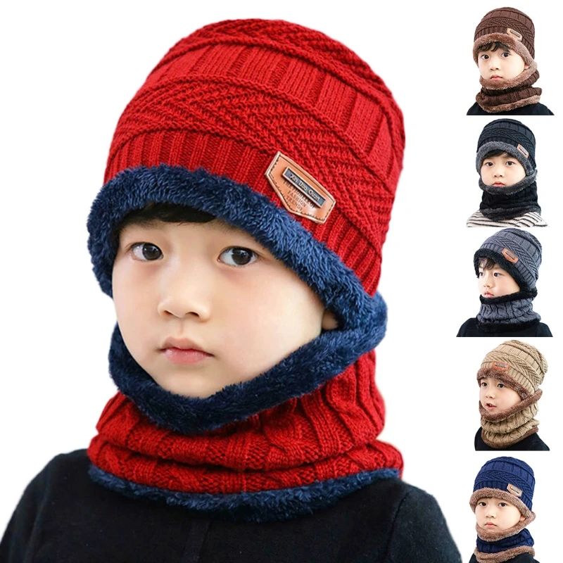 

Kids Winter 2Pcs Beanie Hat Circle Scarf Set Faux Leather Label Crochet Knit Plush Lined Slouchy Skull Cap Neck Warmer