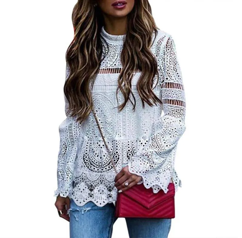 2019 Casual Women Sexy Lace Tunic Hollow Tops Tee Blouse Long Sleeve Irregular Hem Patry Blusas Beach Ladies Shirt | Женская одежда