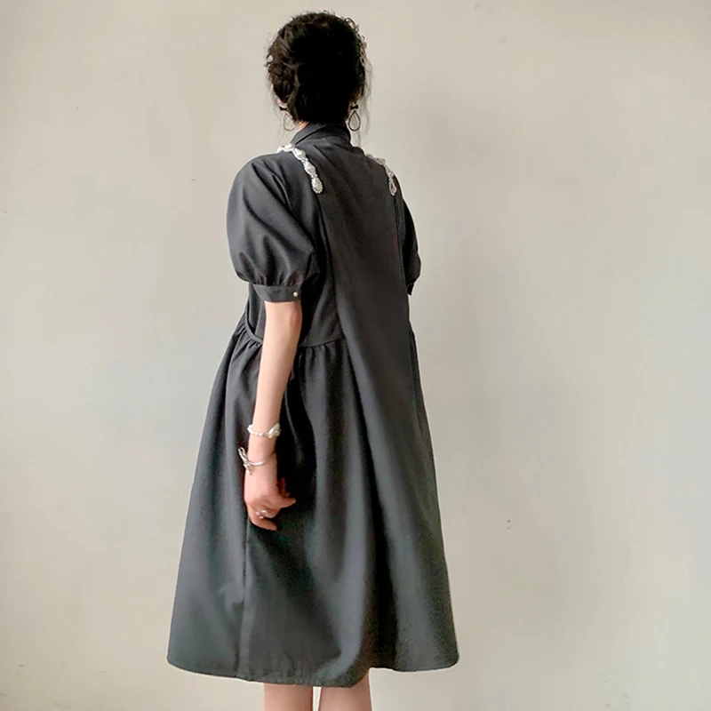 

SHENGPALAE Elegant Pearl Chain Dress Women's Summer 2021 New Lapel Loose Waist Shirring Puff Short Sleeve Dresses Female Tide