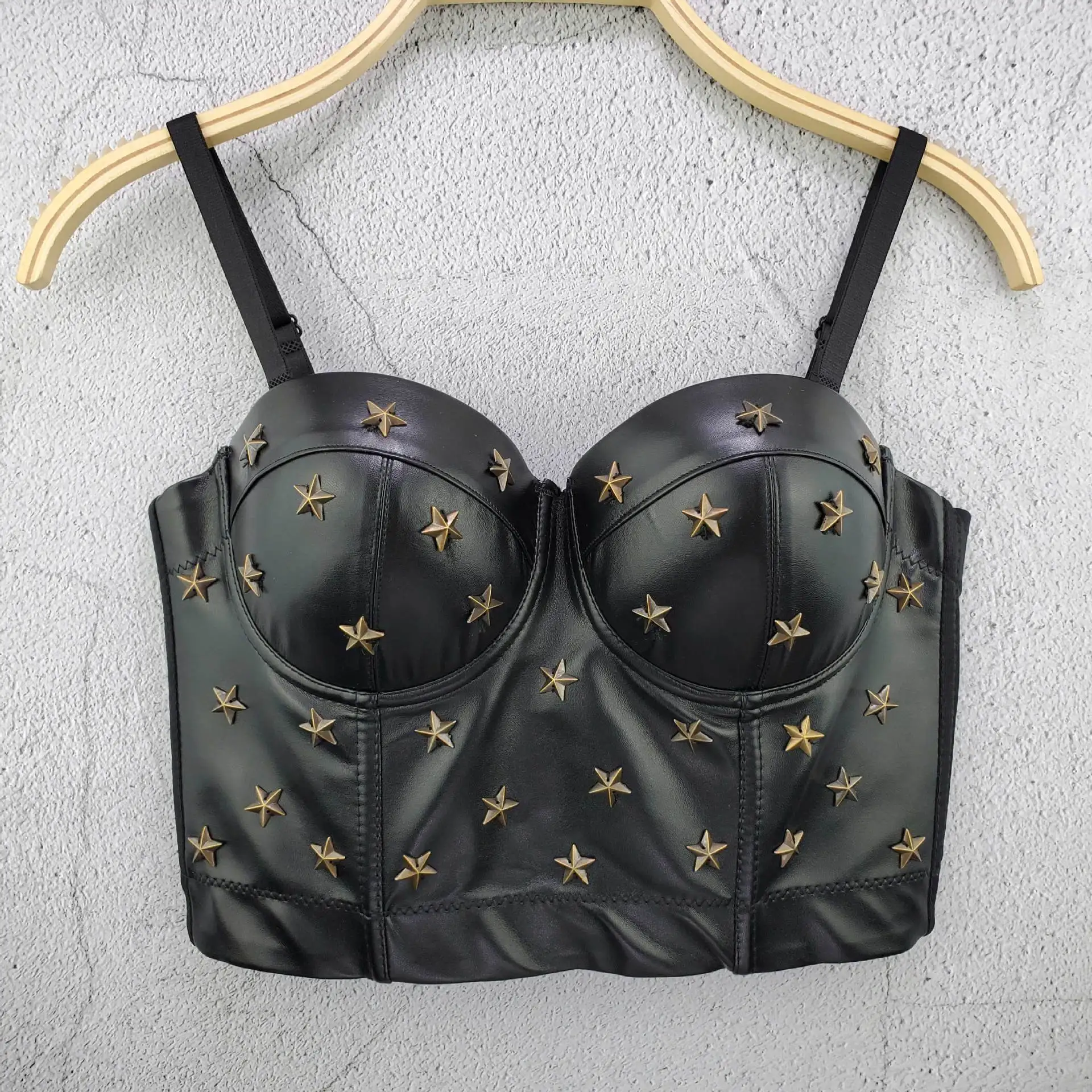 

New Arrival Women Sexy Designer Star PU Leather Black Red Tops Camisole Ladies Trendy High Street Adjustable Camis Crop Tops