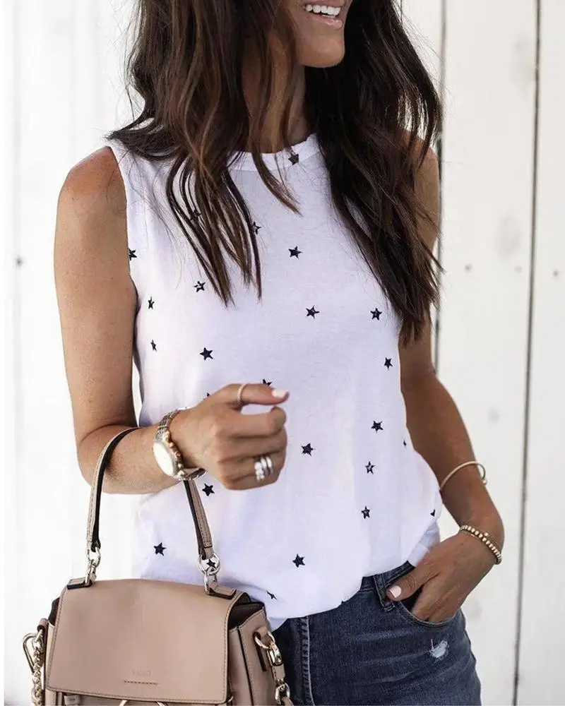 

Women Sleeveless T-Shirts Ladies White Top Streetwear Office Summer Digital Star Printing O Neck Slim T-shirt
