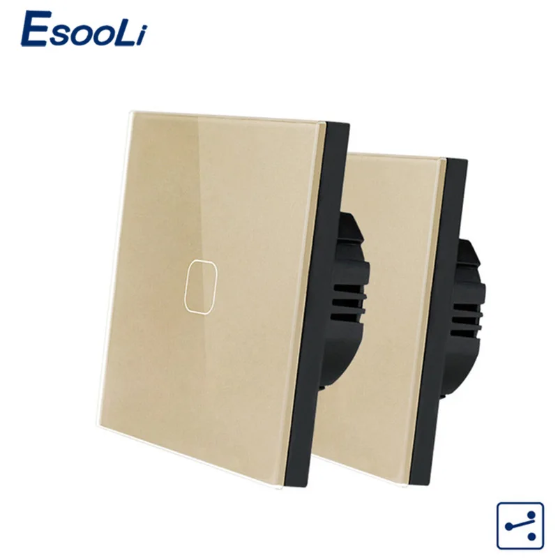 1 Gang 2 Way Gold Esooli ЕС стандарт 1/2 банды 2 способ управления настенный сенсорный экран переключатель, Хрустальная стеклянная панель, крест/через переключатель, 2 шт./упак - Цвет: 1 Gang 2 Way Gold