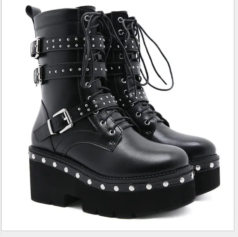 

Женские мотоциклетные ботинки на платформе, черные ботинки на шнуровке с пряжкой и ремешком на грубой подошве, дизайнерская обувь с карманами, 2019