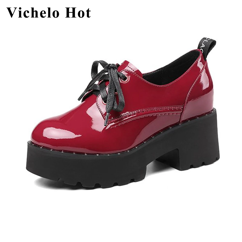 

Vichelo Hot spring Korean shoes genuine leather red color ins round toe thick bottom high heels front lace up elegant pumps l5f8