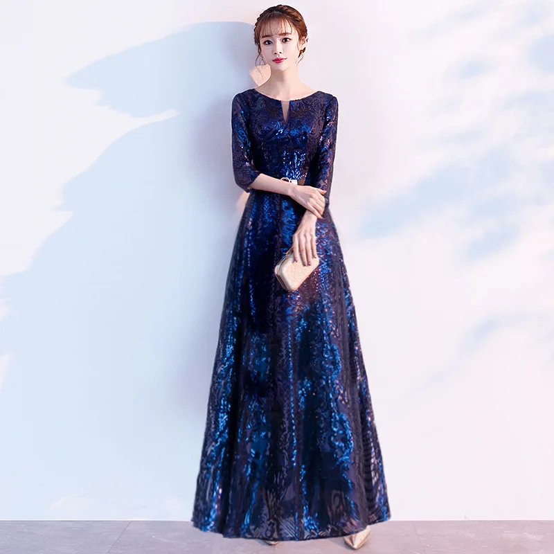 

Lace Navy Blue Evening Dress Sequins Sexy Perspective Qipao Belt Zipper Chinese Cheongsam Rhinestone Bling Celebrity Prom Gown