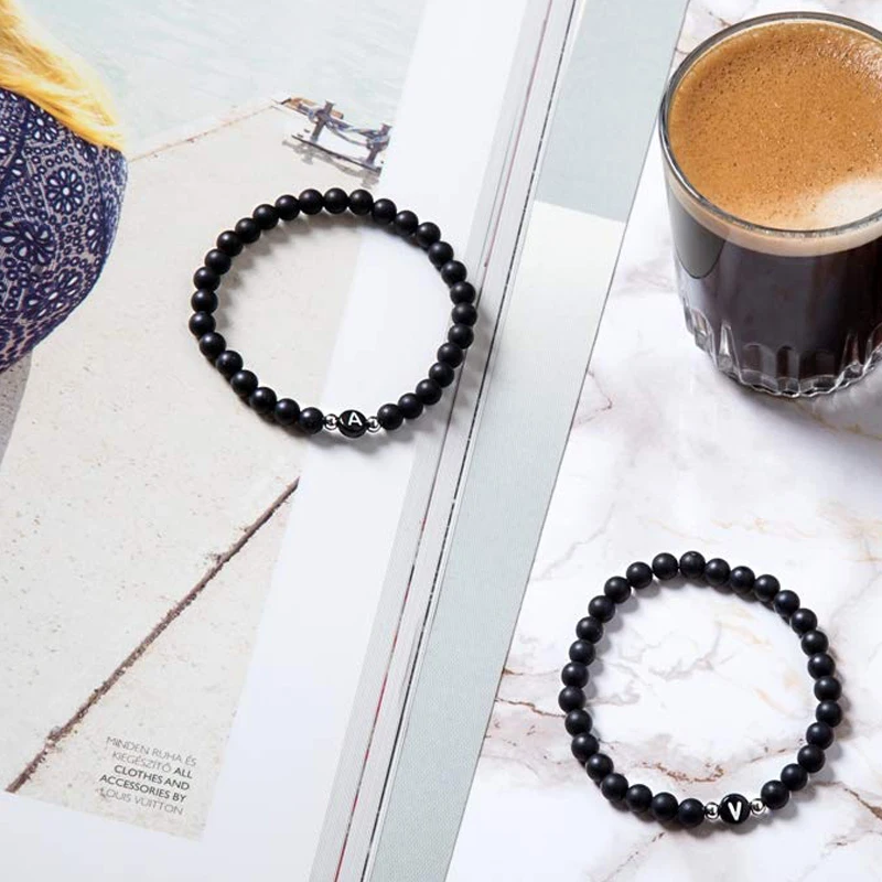 Письмо пара браслеты, натуральные камни из бисера браслет для Для мужчин и Для женщин A-Z 26 букв браслет 6 мм матовый черный оникс ручной работы