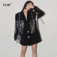 vgh black casual patchwork diamonds tassel female blazer notched long sleeve korean fashion loose womens jacket 2021 autumn new