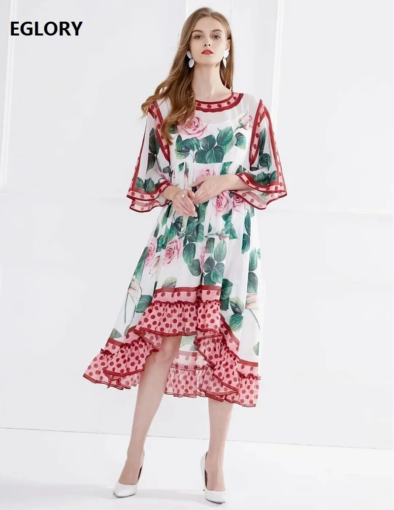 Plus Size Clothing 2020 Summer Style Women Rose Flower Polka Dot Print Patchwork Flare Sleeve Casual Sexy Asymmetrical Dress 4XL