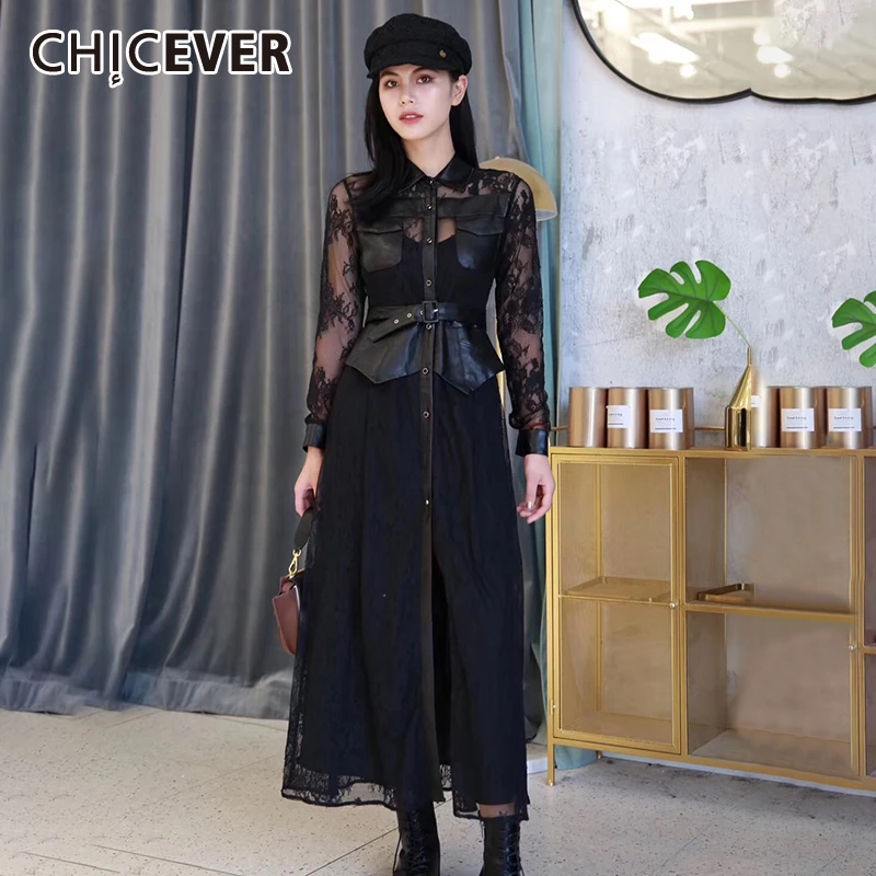 CHICEVER/кружевное женское платье из искусственной кожи в стиле пэчворк с воротником