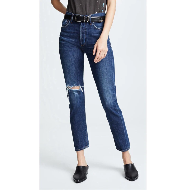 

New 8.14 CHULUCCI 2021 Fashion Womne High waist Washed Hole Denim Trousers Casual Vintage Slim Straight Jeans