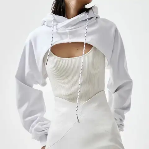 Women Long Sleeve Hooded Pullover Outerwear Pullover Hoodie Drawstring Open Chest Crop Tops Fashion Sweatshirt Casual Streetwear