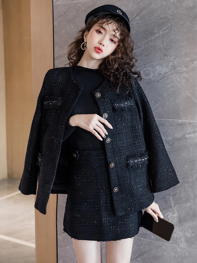 Black Tweed Blazer Skirt Two Piece Sets Autumn Winter New Ladies Tweed Jacket+ Skirt Coat Women Suits Clothes Wholesale