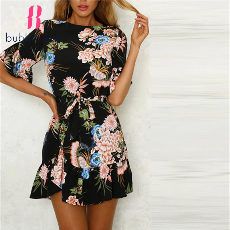 Женское мини-платье с цветочным принтом летнее пляжное платье Бохо круглым