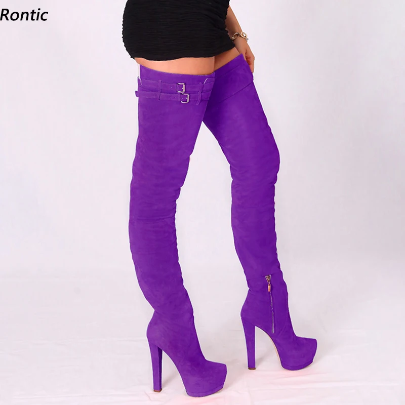 

Женские облегающие ботинки на платформе Rontic, черные или фиолетовые Клубные ботинки в итальянском стиле на массивном каблуке с круглым носком, размеры 5-20, для зимы