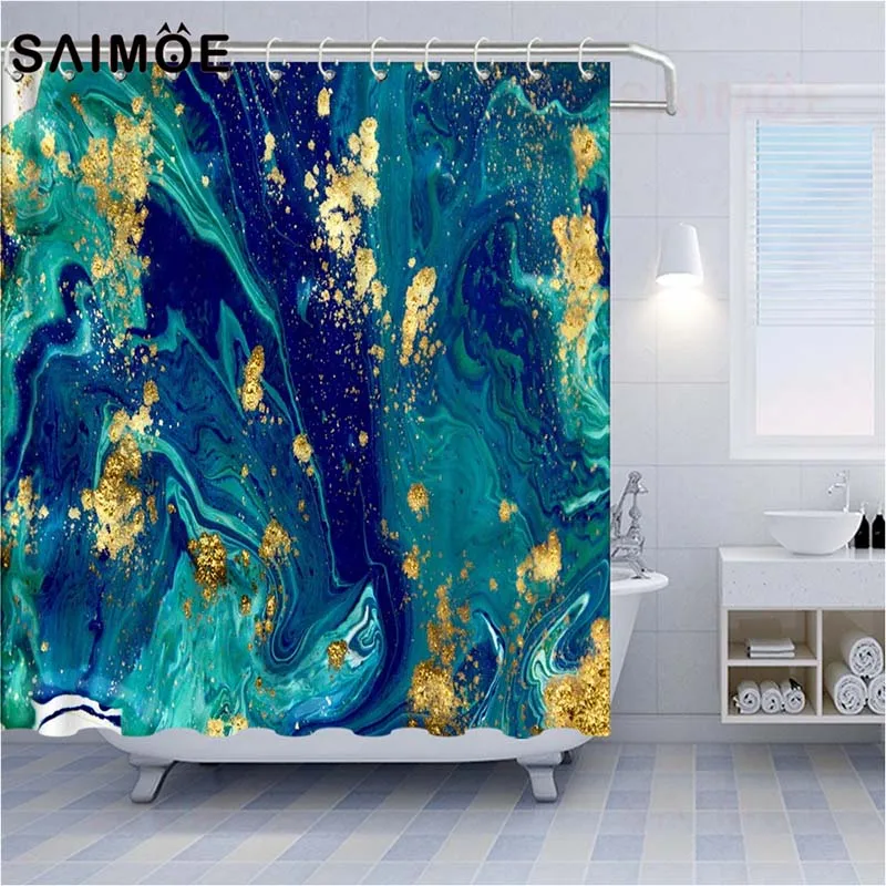 SAIMOE Marble Texture Shower Curtains Liquid Golden Bathroom Curtain Blue Stone Abstract Art Home Decor | Дом и сад