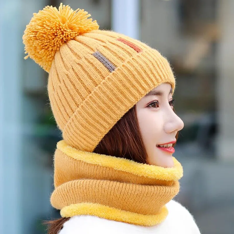 Knitted Hat With Scarf Collars SUOGRY Sets For Women Winter Ladies Hat& Scarf With Pompom Thick Two Piece Keep Snow Warm Set