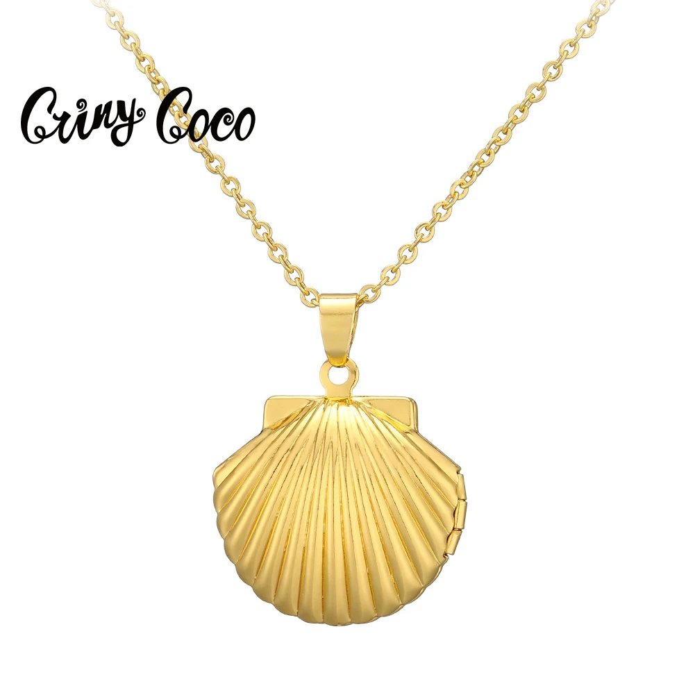 

Cring Coco Steel Shell Sheet Can Open Photo Box Pendant Women Necklace 2021 New Necklaces Women's Simple Scallop Vintage Fashion