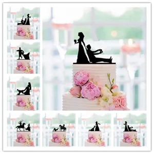 Персонализированные смешанный стиль Свадебный торт Топпер черный акрил Невеста и жених силуэт украшения торта