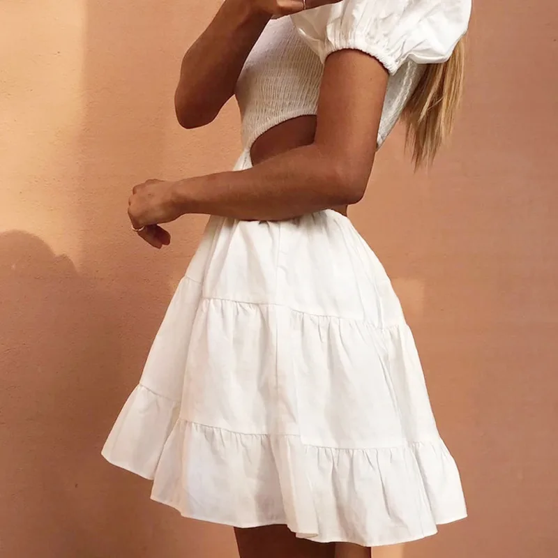 

Sexy Women White Dress Hollow Out Square Collar 2021 Puff Sleeve Backless Summer Low CutStreetwear Lady Elegant Chic Mini Dress