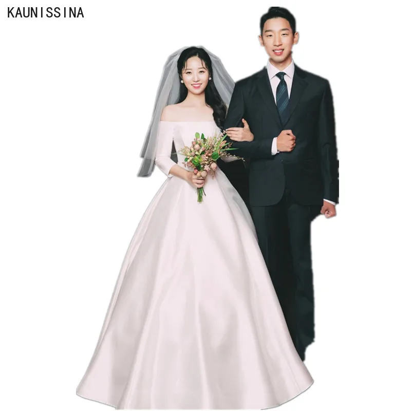 

KAUNISSINA Luxury Satin Wedding Dresses Sexy Off the Shoulder 3/4 Sleeve Boho Wedding Gown Women White Long Designer Bride Dress