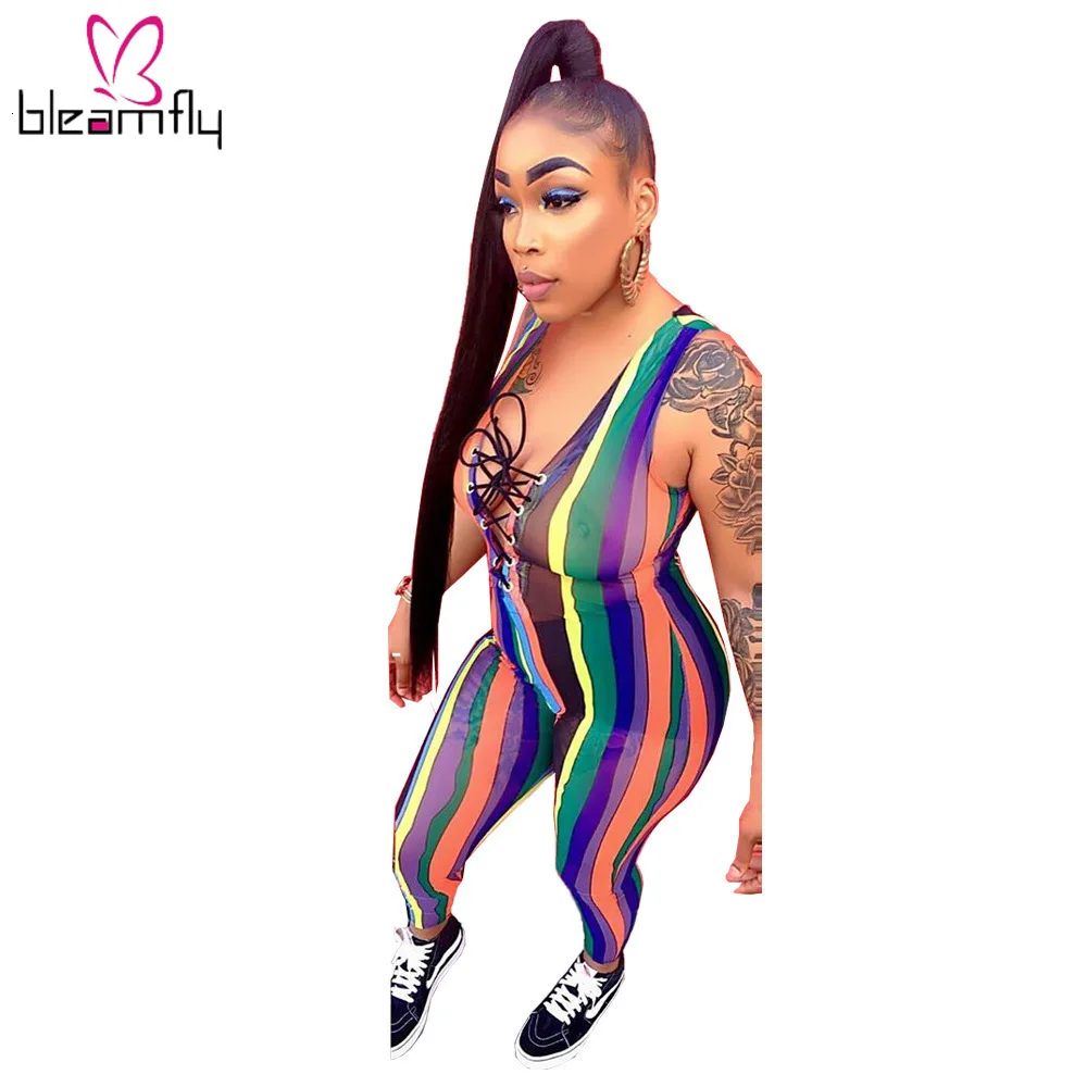 Женский Летний комбинезон в радужную полоску со шнуровкой и v образным вырезом