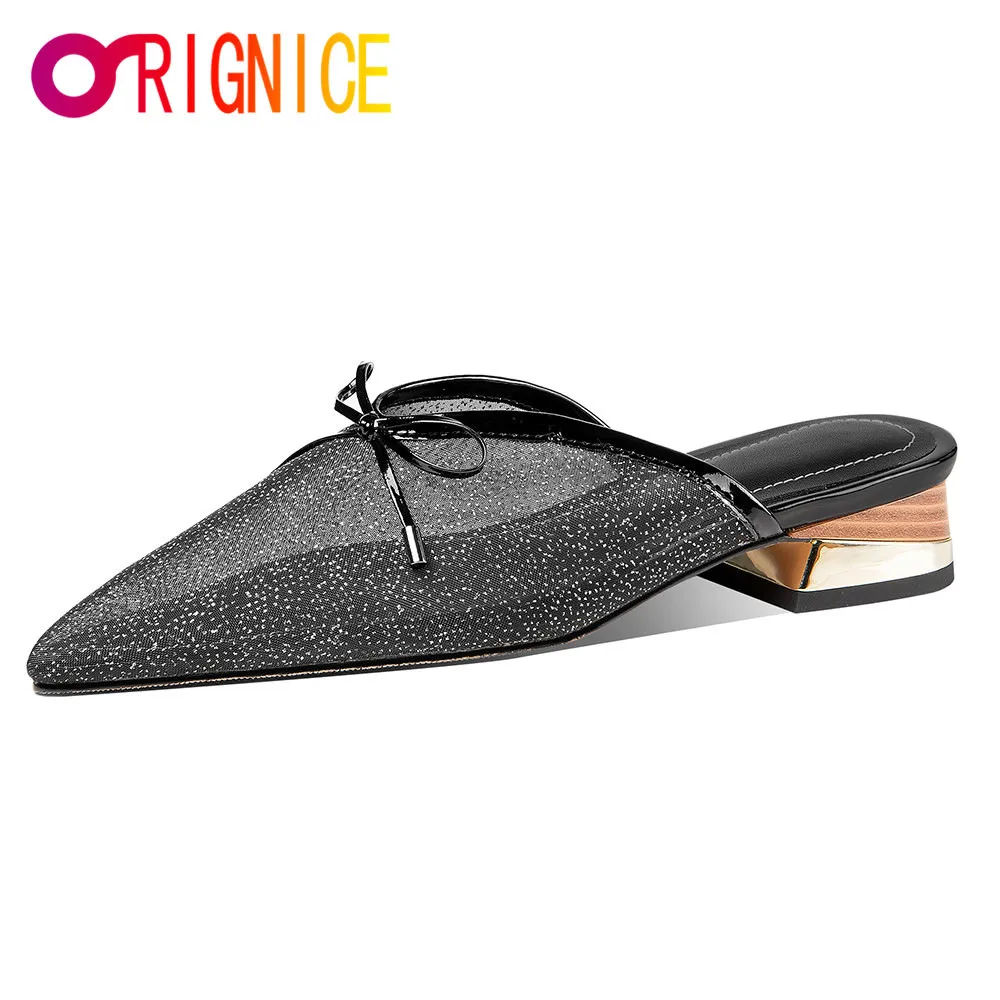 

Orignice Square Heel Mules For Women Ladies Slippers Luxury Bling Mesh Low Block Pointy Sweet Bowknot Prom Dancing Shoes White